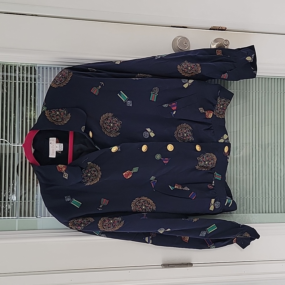 Vintage 💯 Silk Bomber Style Jacket Nautical/Military Print Women's Sz 10